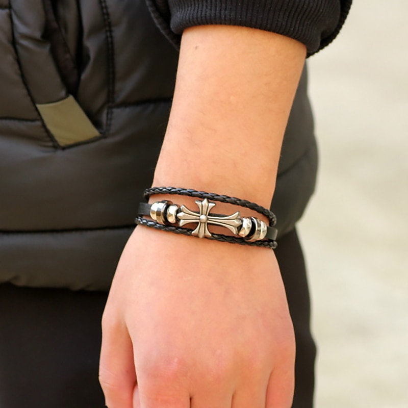 Men's Leather Bracelet Classic Cross Personalized Stylish Simple Fashion Trendy Leather Bracelet Jewelry Black / Brown For Daily Holiday Prom Birthday Festival