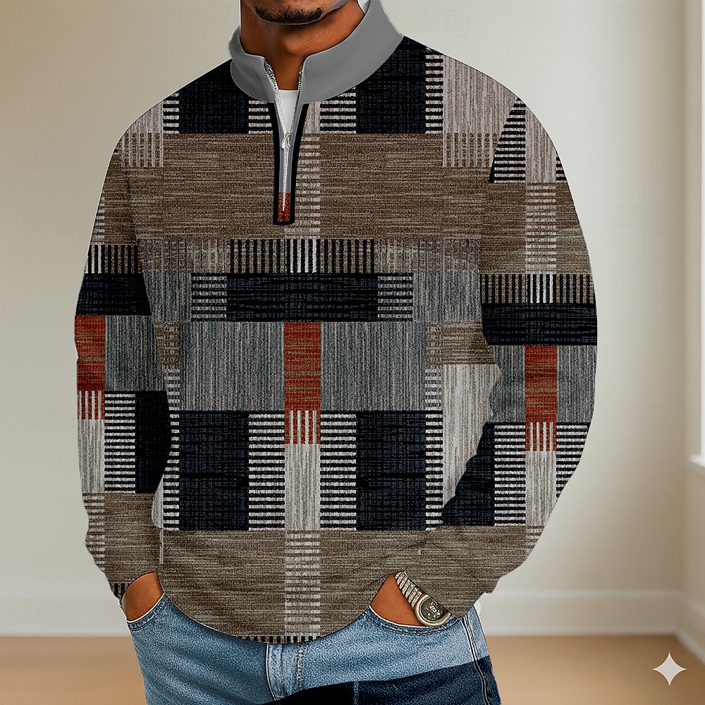 Men's Color Block Geometic Polo Long Sleeve Standing Collar Athleisure Vacation Athleisure Casual Daily 3D Print Spring Fall Blue Purple Brown