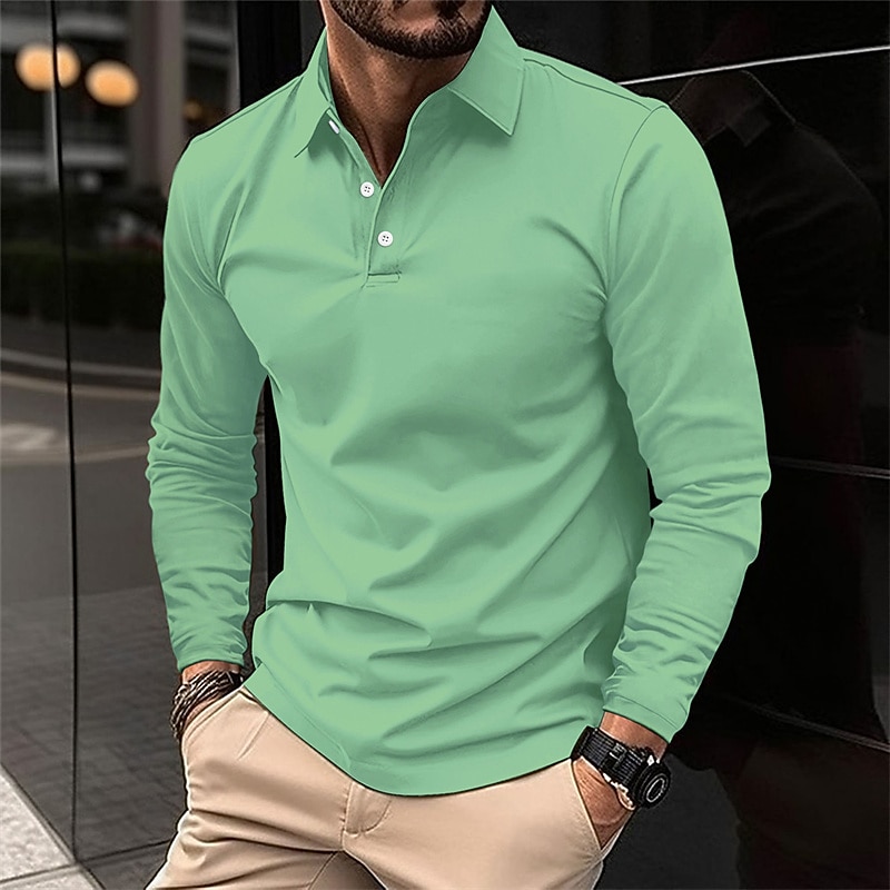 Men's Golf Shirt Golf Polo Work Casual Lapel Long Sleeve Basic Modern Plain Button Spring &  Fall Regular Fit Wine Black White Pink Navy Blue Green Golf Shirt