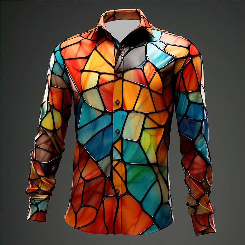 Color Block Colorful Artistic Abstract Men's Shirt Daily Wear Going out Fall & Winter Turndown Long Sleeve Blue, Orange, Green S, M, L 4-Way Stretch Fabric Shirt