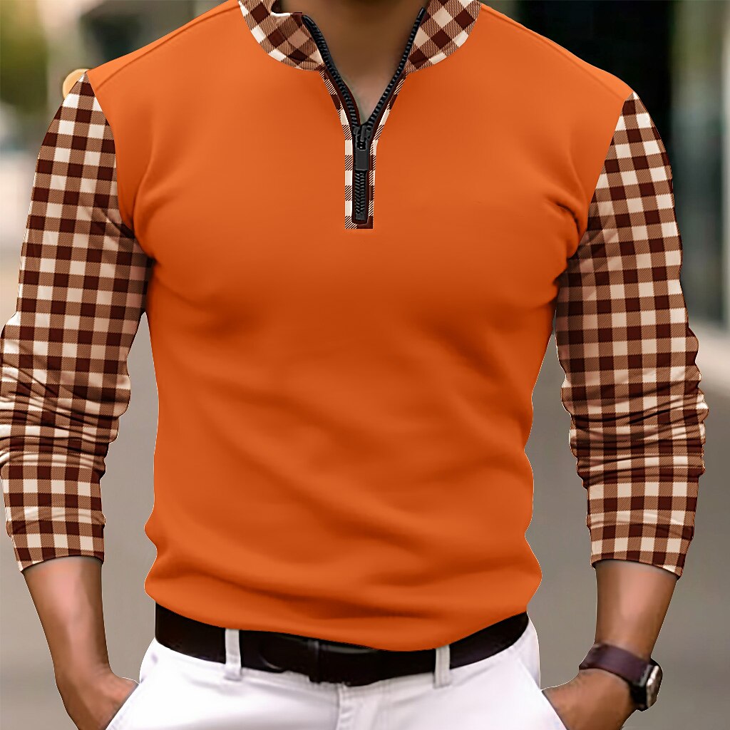Men's Polo Shirt Quarter Zip Polo Work Daily Wear Lapel Long Sleeve Fashion Comfortable Color Block Plaid / Check Zip Up Spring &  Fall Regular Fit Black Navy Blue Orange Polo Shirt