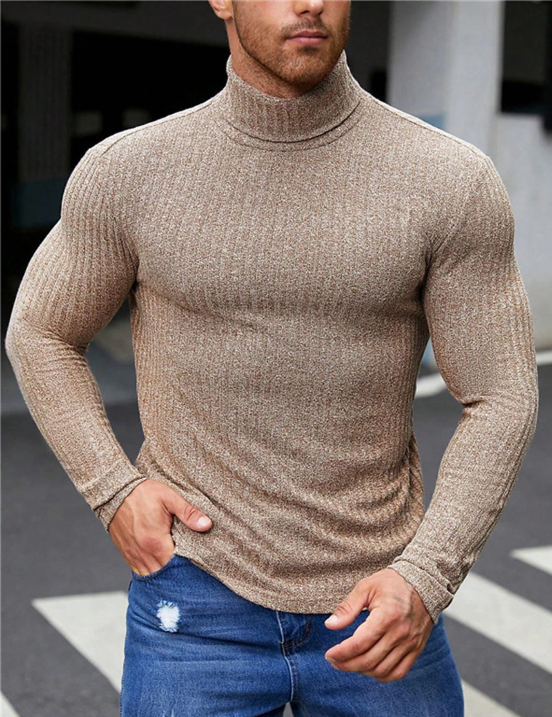 Men's T shirt Tee Turtleneck shirt Tee Top Long Sleeve Shirt Plain Pit Strip Turtleneck