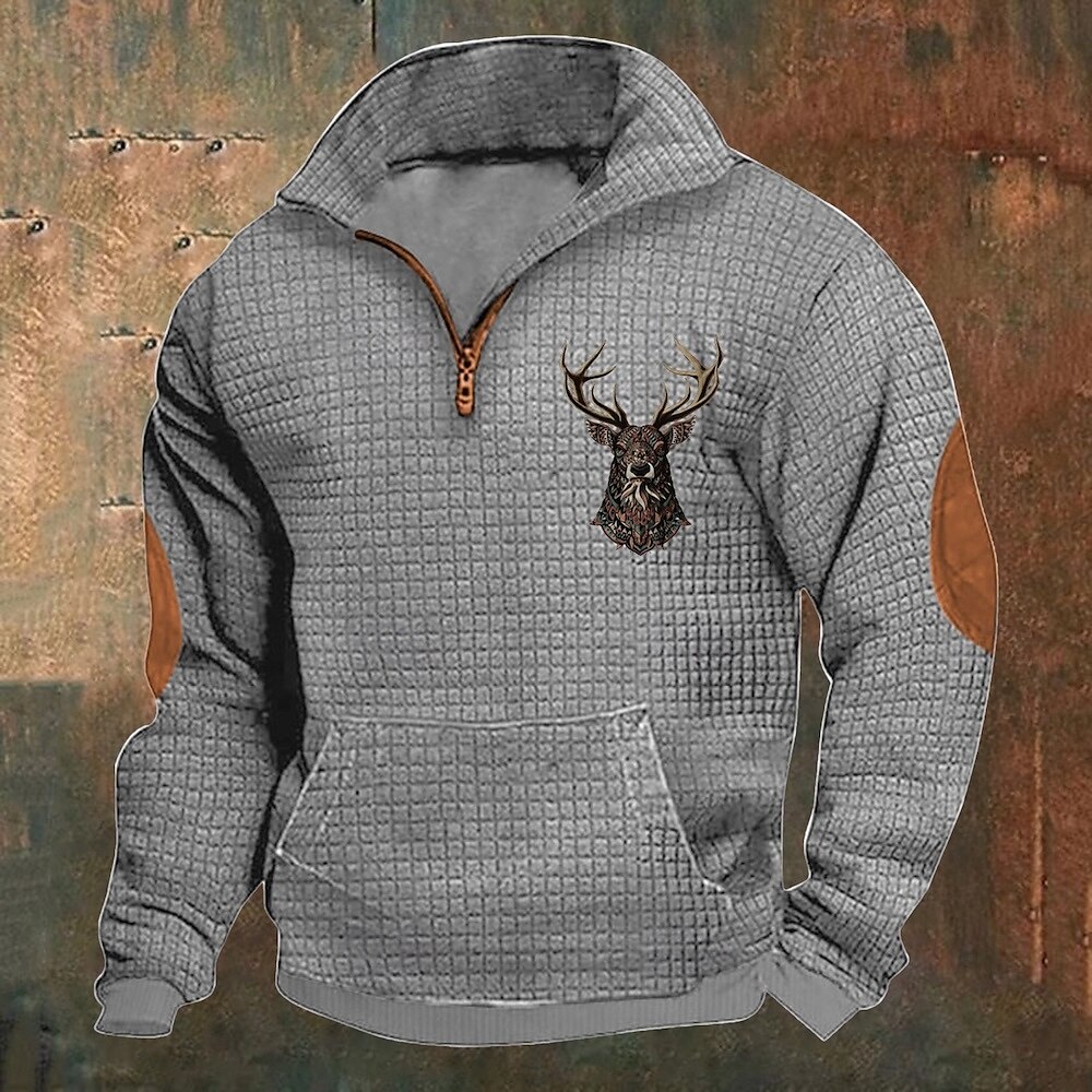 Men's Waffle Sweatshirt Quarter Zip Sweatshirt Black White Navy Blue Khaki Dark Gray Half Zip Reindeer Print Christmas Daily Holiday Polyester Streetwear Casual Spring &  Fall Clothing