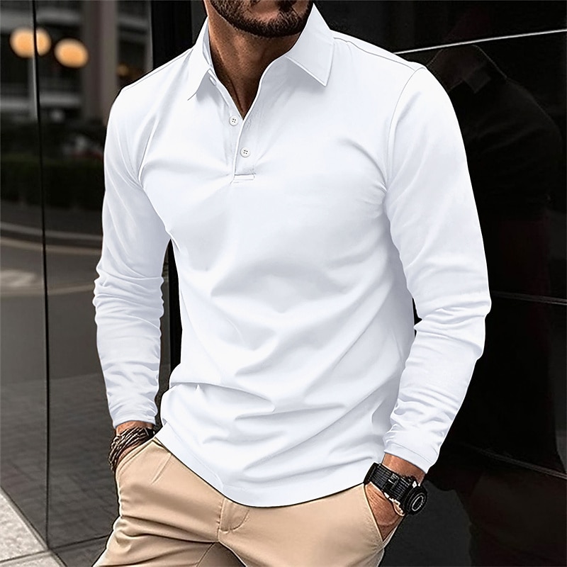 Men's Golf Shirt Golf Polo Work Casual Lapel Long Sleeve Basic Modern Plain Button Spring &  Fall Regular Fit Wine Black White Pink Navy Blue Green Golf Shirt