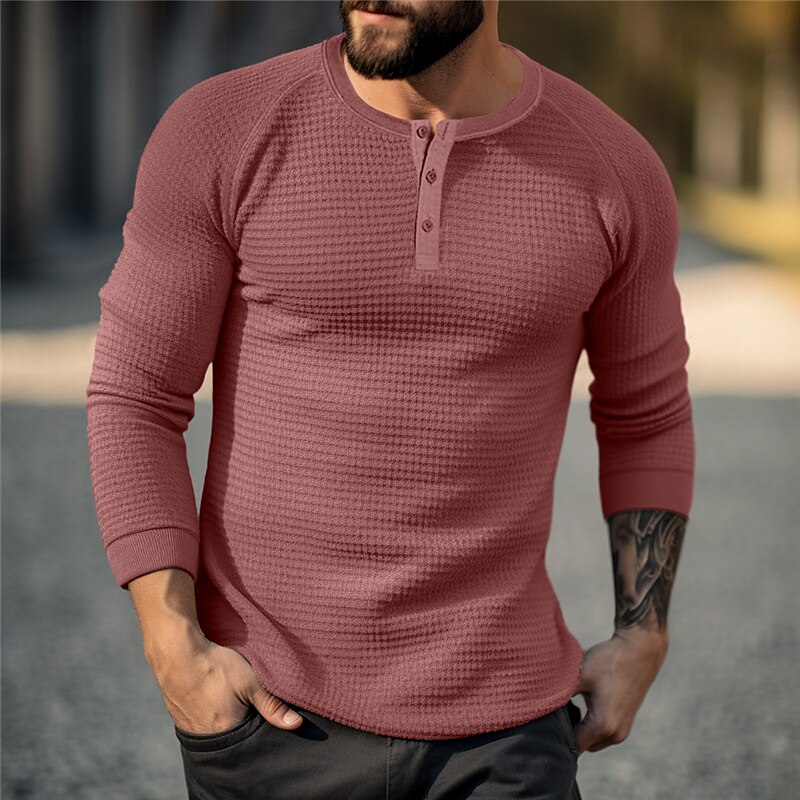 Men's T shirt Tee Waffle Henley Shirt Henley Shirt Tee Top Long Sleeve Shirt Plain