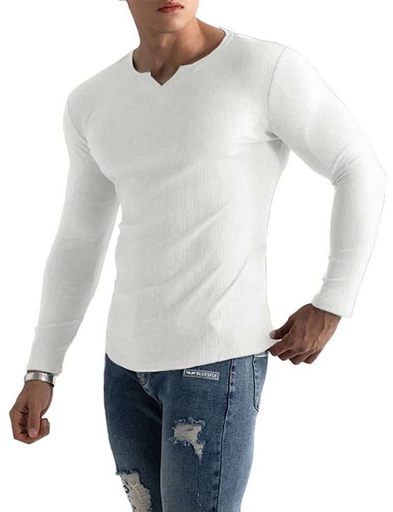 Men's Knitting Basic T-shirt Tee Top Long Sleeve Plain Pit Strip V Neck 