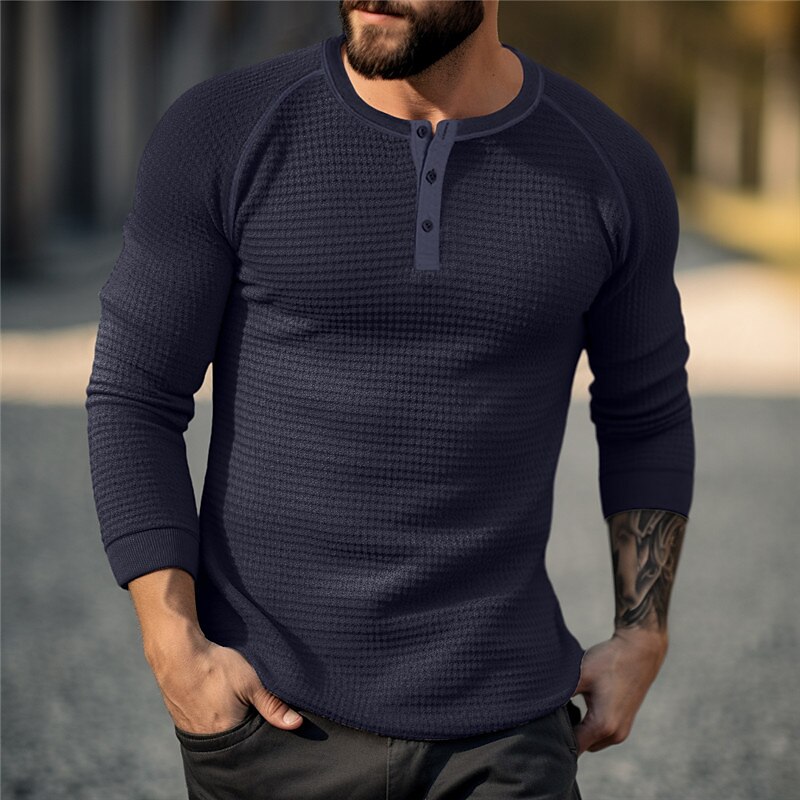 Men's T shirt Tee Waffle Henley Shirt Henley Shirt Tee Top Long Sleeve Shirt Plain