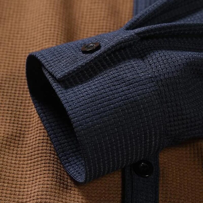 Men's Shirt Button Up Shirt Waffle Knit Shirt Long Sleeve Color Block Casual Shirt