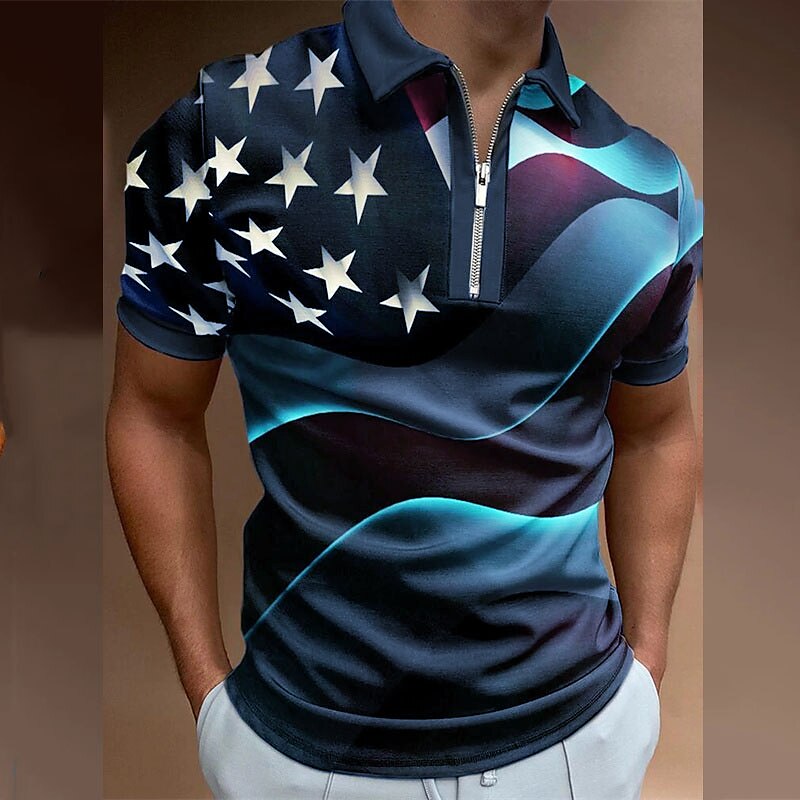 Men's Polo Shirt Golf Shirt Star Turndown Black White Black / Purple Red Royal Blue 3D Print Street Daily Short Sleeve Zipper 3D Clothing Apparel Fashion Casual Comfortable