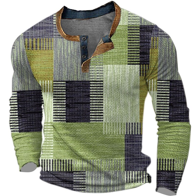 Plaid Mens 3D Shirt Casual | Grey Winter Cotton | Graphic Color Block Fashion Designer Basic Men'S 3D Print Waffle Henley Style Classic Outdoor Daily Blue Brown Green