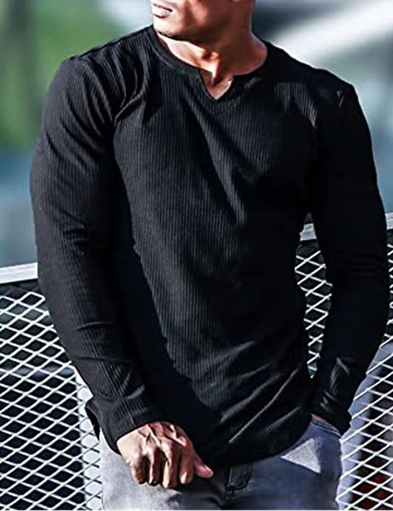 Men's Knitting Basic T-shirt Tee Top Long Sleeve Plain Pit Strip V Neck 