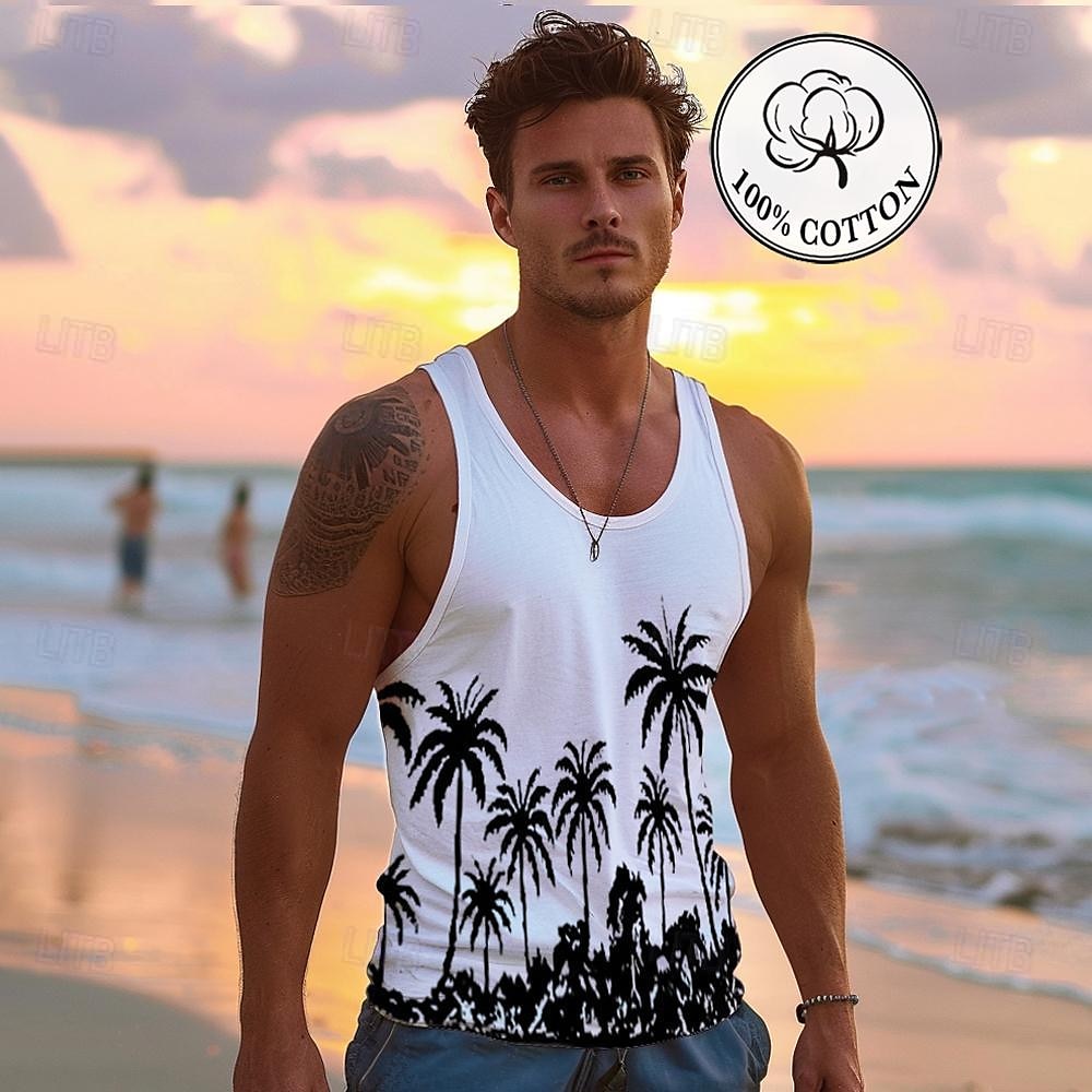 Graphic Coconut Tree Fashion Hawaiian Casual Men's Tank Top Vest Top Undershirt Street Daily Beach T shirt White Short Sleeve Crew Neck Shirt Spring & Summer Clothing Apparel S M L XL XXL 3XL