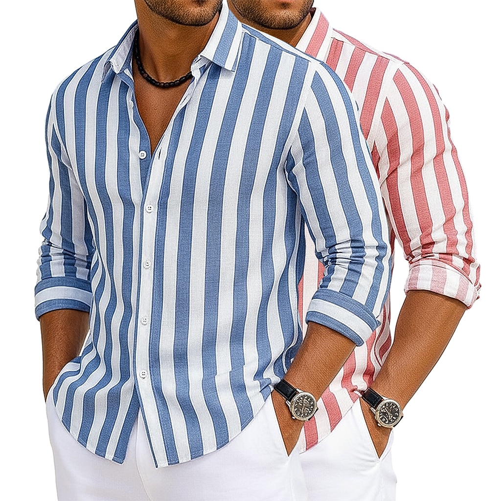 2-Pack Men's Shirt Cotton Linen Shirt Summer Shirt Beach Shirt Striped Shirts Vertical Stripes Casual Vacation Pink+Yellow Yellow+green Green+pink Navy Blue+Yellow Long Sleeve Turndown Summer Spring Clothing