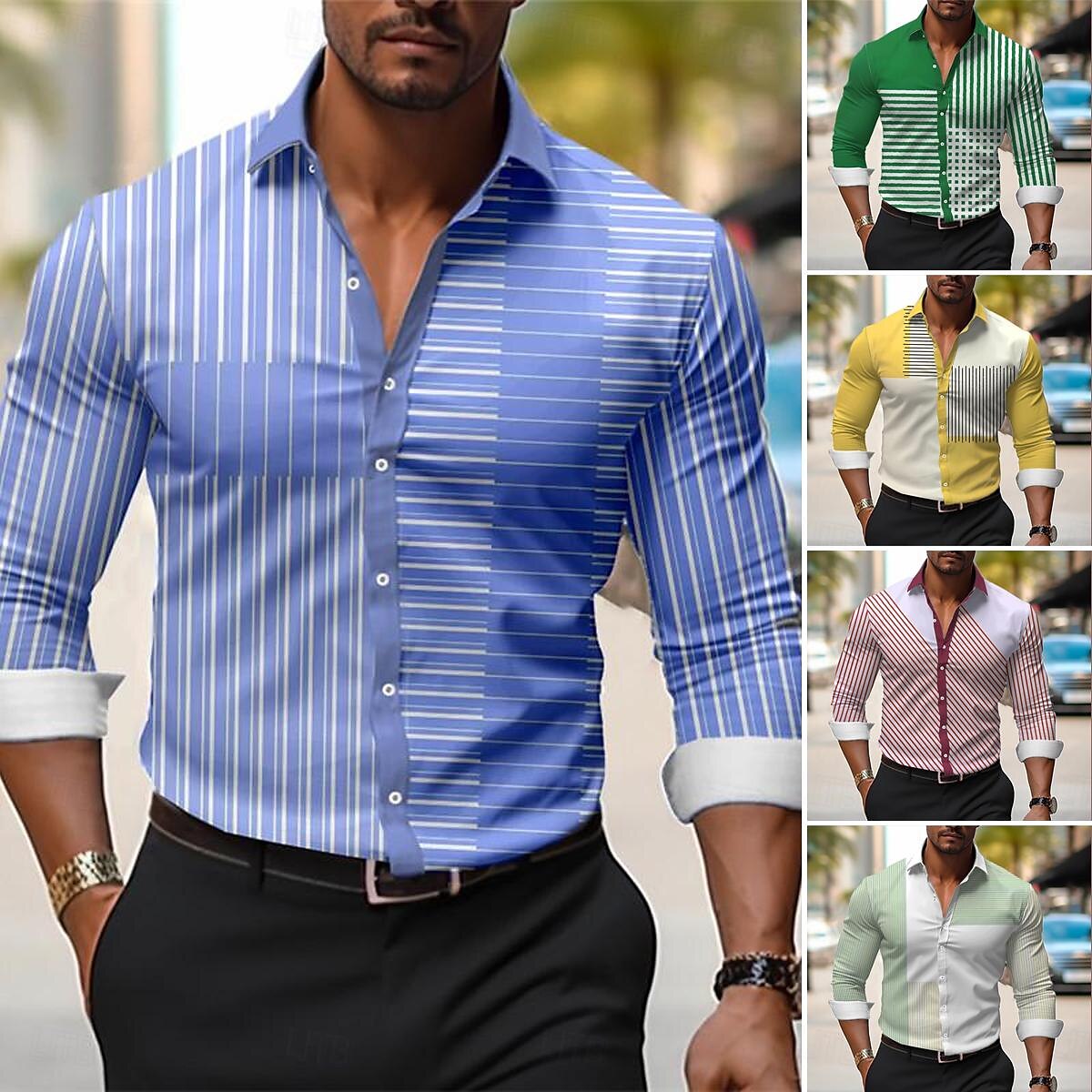 Stripe Men's Business Casual 3D Printed Shirt Outdoor Wear to work Daily Wear Spring & Summer Turndown Long Sleeve Blue Purple Light Blue S M L 4-Way Stretch Fabric Shirt