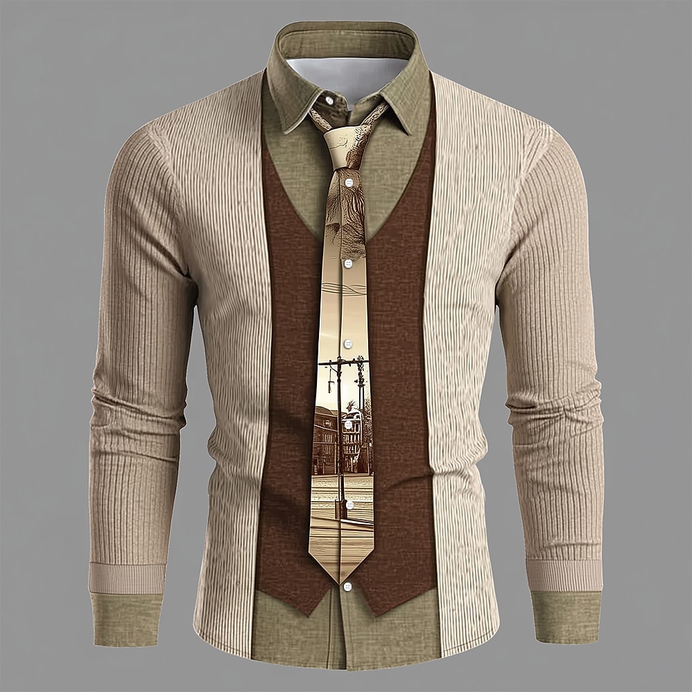 Men's Novelty Faux Collar and Cardigan Design Shirt Button Up Shirt Long Sleeve Vintage Retro Outdoor Casual Daily Spring Fall Turndown 3D Print Collared Shirts Light Khaki Khaki