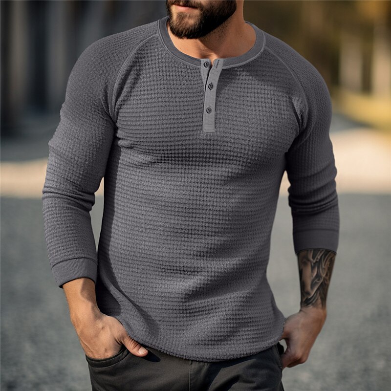Men's T shirt Tee Waffle Henley Shirt Henley Shirt Tee Top Long Sleeve Shirt Plain