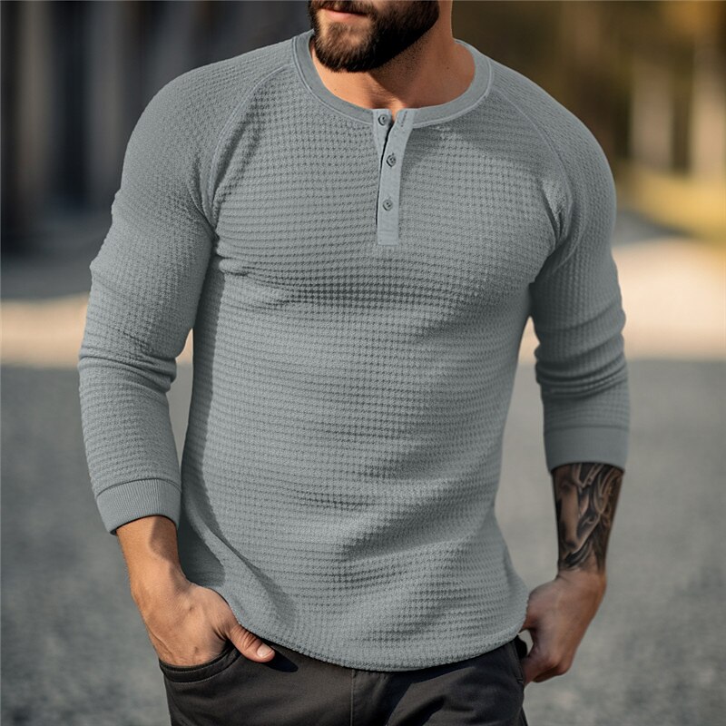 Men's T shirt Tee Waffle Henley Shirt Henley Shirt Tee Top Long Sleeve Shirt Plain