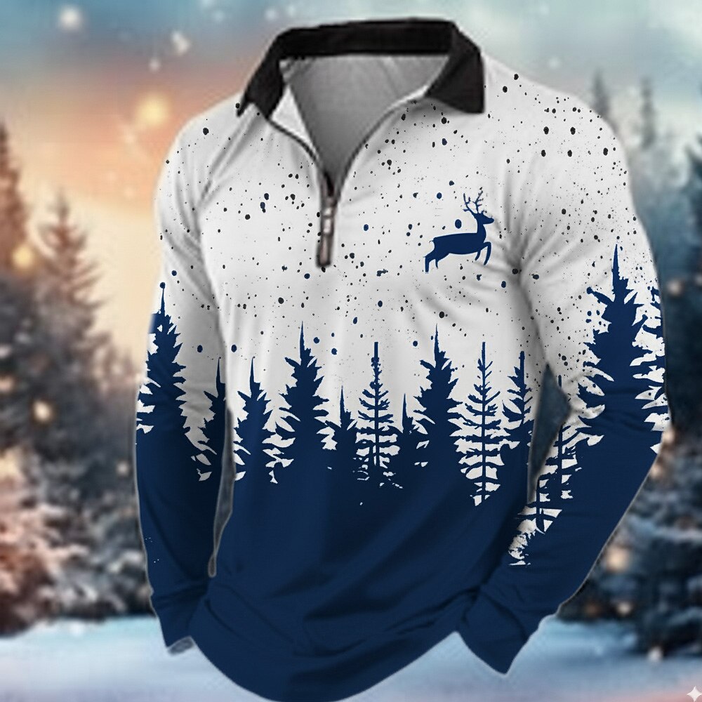 Christmas Men's Reindeer Polo Long Sleeve Turndown Modern Leisure Sports & Outdoor Athleisure Festival Zipper 3D Print Spring Fall Winter Black Red Blue