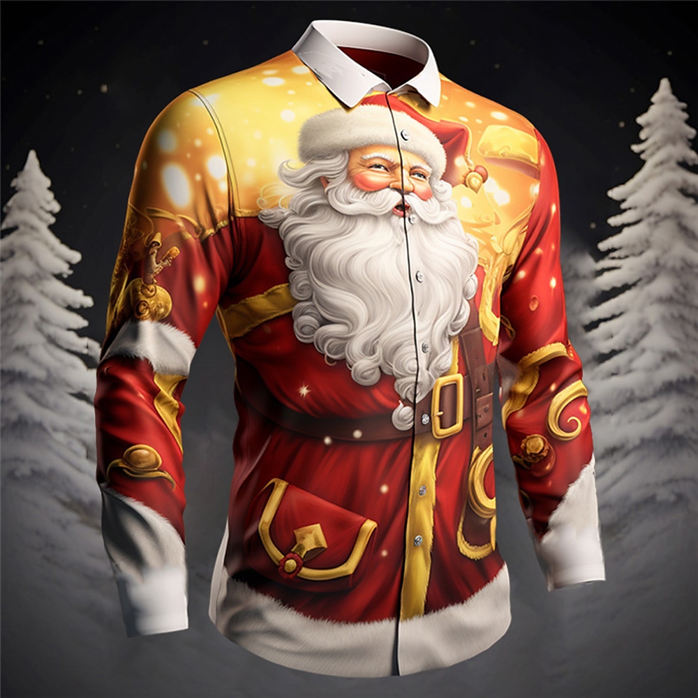 Santa Claus Casual Men's Shirt Outdoor Christmas Street Fall & Winter Turndown Long Sleeve White Yellow Pink S M L Shirt