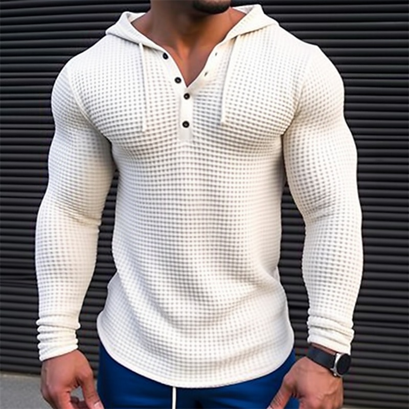 Men's T Shirt Waffle Henley Shirt Tee Top Long Sleeve Shirt Long Sleeve Hooded Spring &  Fall Color Block Fashion Designer Basic Patchwork Vacation Street Going out White Khaki Army Green Top Tee for
