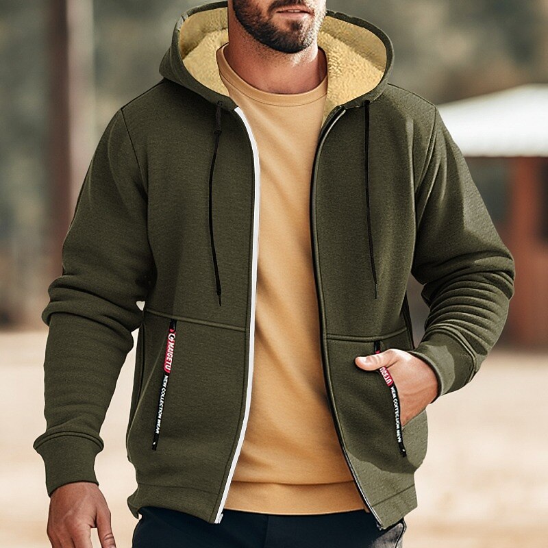 Men's Double Layer Fleece Hooded Jacket Sweat Jacket Black White Wine Army Green Navy Blue Hooded Solid Color Zipper Cool Casual Essential Winter Clothing Apparel Hoodies Sweatshirts  Long