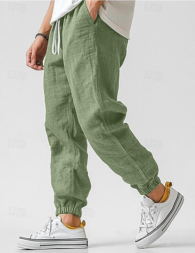 Men's Linen Pants Trousers Summer Pants Elastic Waist Straight Leg High Rise Solid Color Comfort Breathable Full Length Wedding Holiday Vacation Fashion Gray Green Black High Waist Inelastic