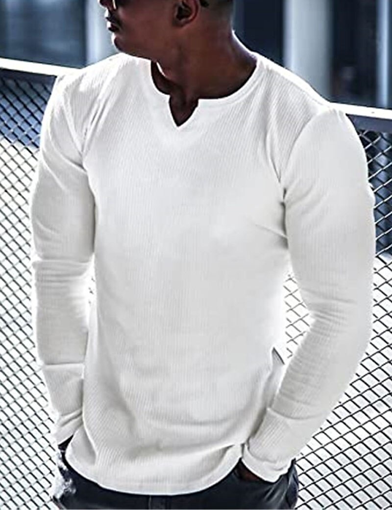 Men's Knitting Basic T-shirt Tee Top Long Sleeve Plain Pit Strip V Neck 
