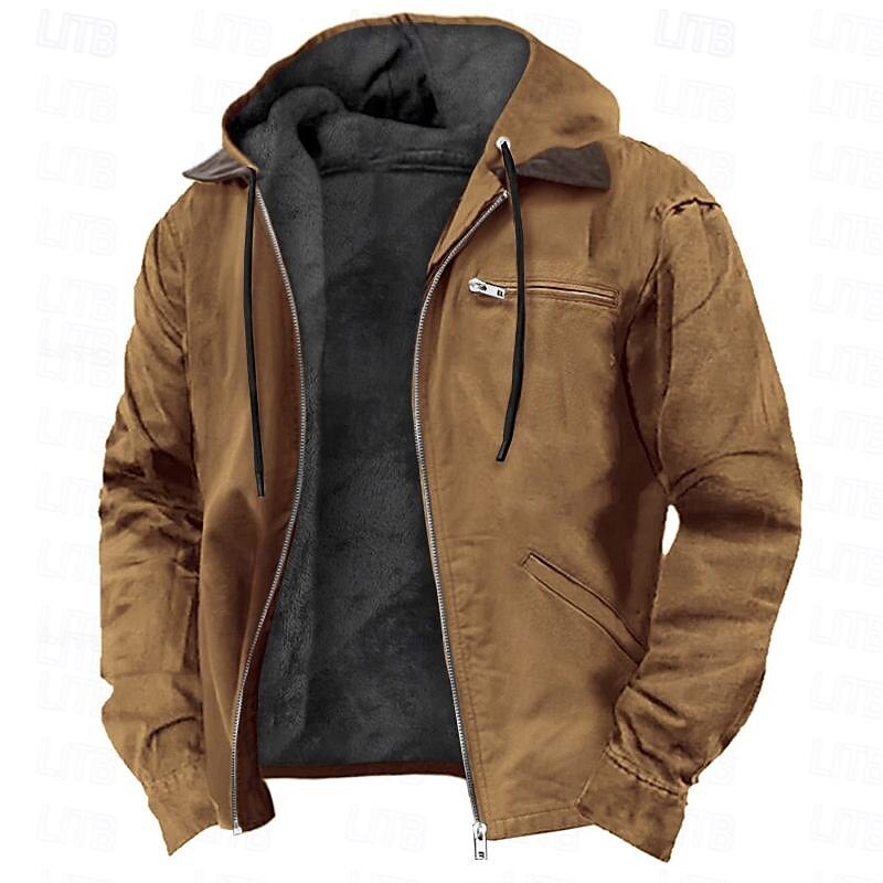 Men's Full Zip Hoodie Sherpa Linend Army Green Blue Brown Gray Hooded Plain Pocket Sports & Outdoor Daily Holiday Vintage Streetwear Casual Fall & Winter Clothing Apparel Hoodies Sweatshirts