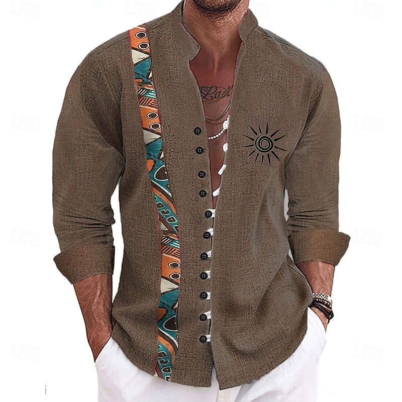 Men's Sun Ethnic Culture Shirt Stand Collar Shirt Long Sleeve Vintage Retro Vacation Daily Wear Going out Spring Fall Mandarin Collar Band Collar Button-Down Linen Like Shirt Blue Dark Green