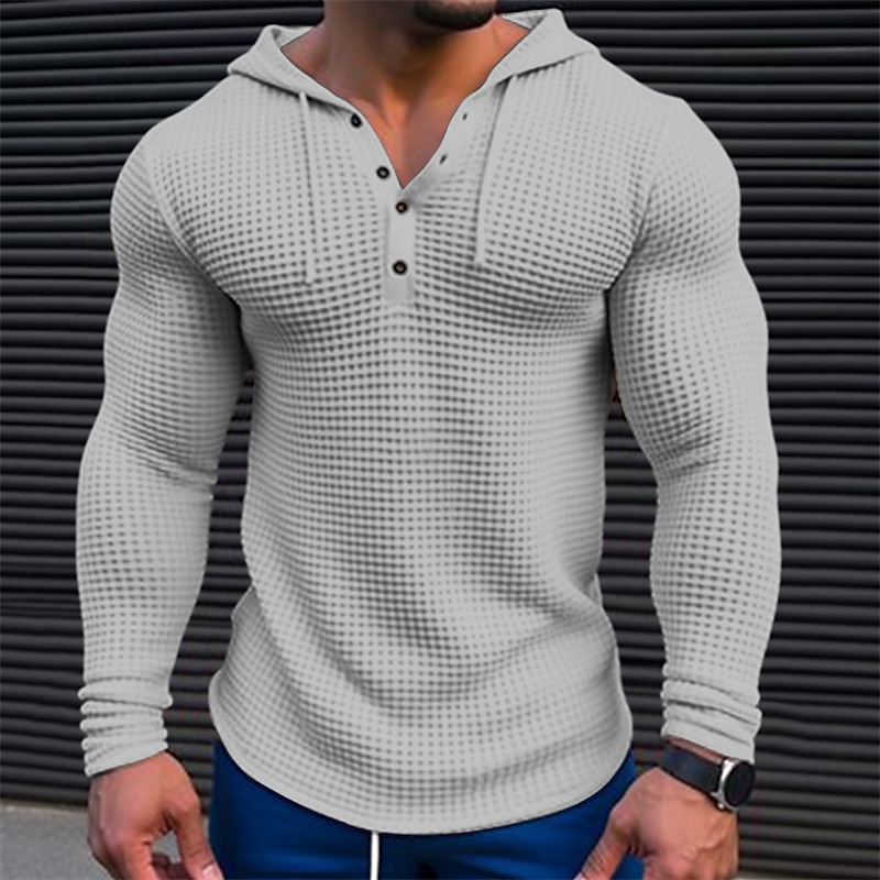 Men's T Shirt Waffle Henley Shirt Tee Top Long Sleeve Shirt Long Sleeve Hooded Spring &  Fall Color Block Fashion Designer Basic Patchwork Vacation Street Going out White Khaki Army Green Top Tee for