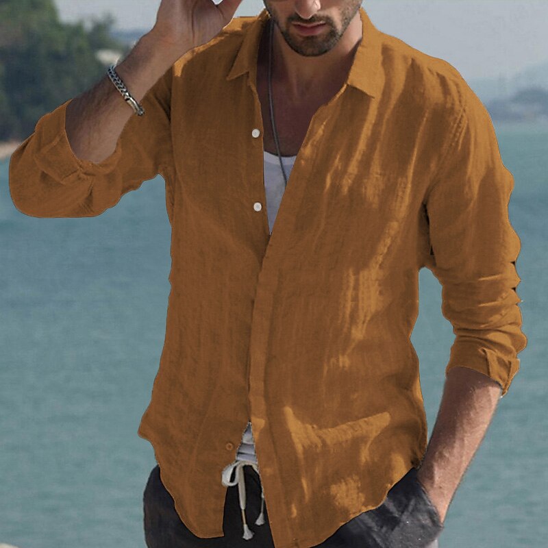 Men's Shirt Linen Shirt Summer Shirt Beach Shirt Black White Pink Long Sleeve Solid Color Collar Spring & Summer Casual Daily Clothing Apparel Button-Down