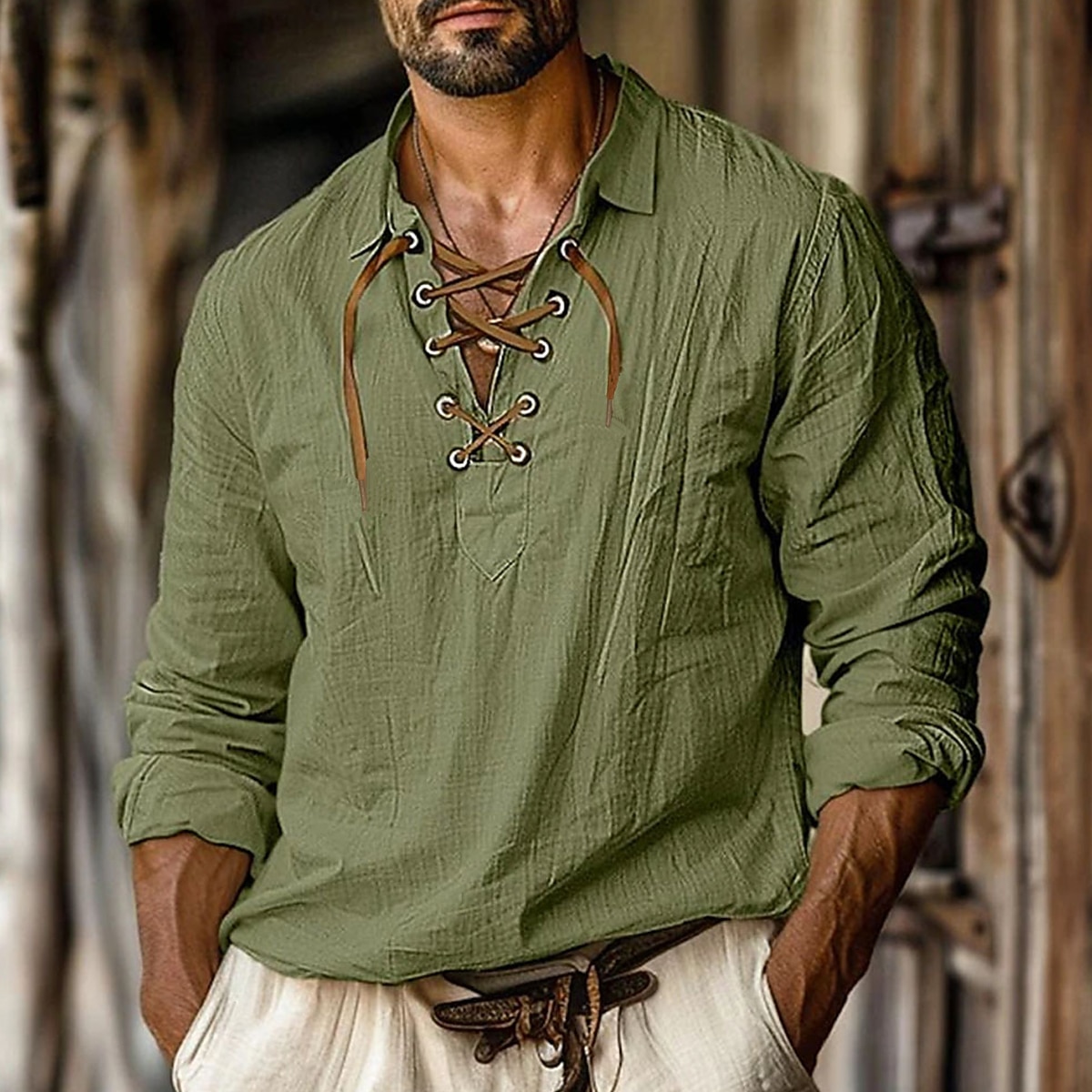 Men's Shirt Linen Shirt Viking Style Pirate Shirt Summer Shirt Beach Wear White Orange Green Light Blue Long Sleeve Solid Color Collarless Street Daily Clothing Apparel