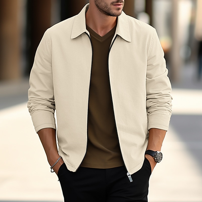 Men's Shirt Jacket Overshirts Transition Jacket Daily Wear Lightweight Pocket Spring Plain Streetwear Lapel Regular Waffle Fabric Black White Blue Khaki Gray Jacket