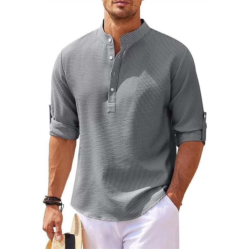 Men's Shirt Popover Shirt Summer Shirt Casual Shirt Beach Shirt Waffle Knit Shirt Black White Blue Sky Blue Army Green Long Sleeve Plain Stand Collar Vacation Hawaiian Buttons Clothing Apparel