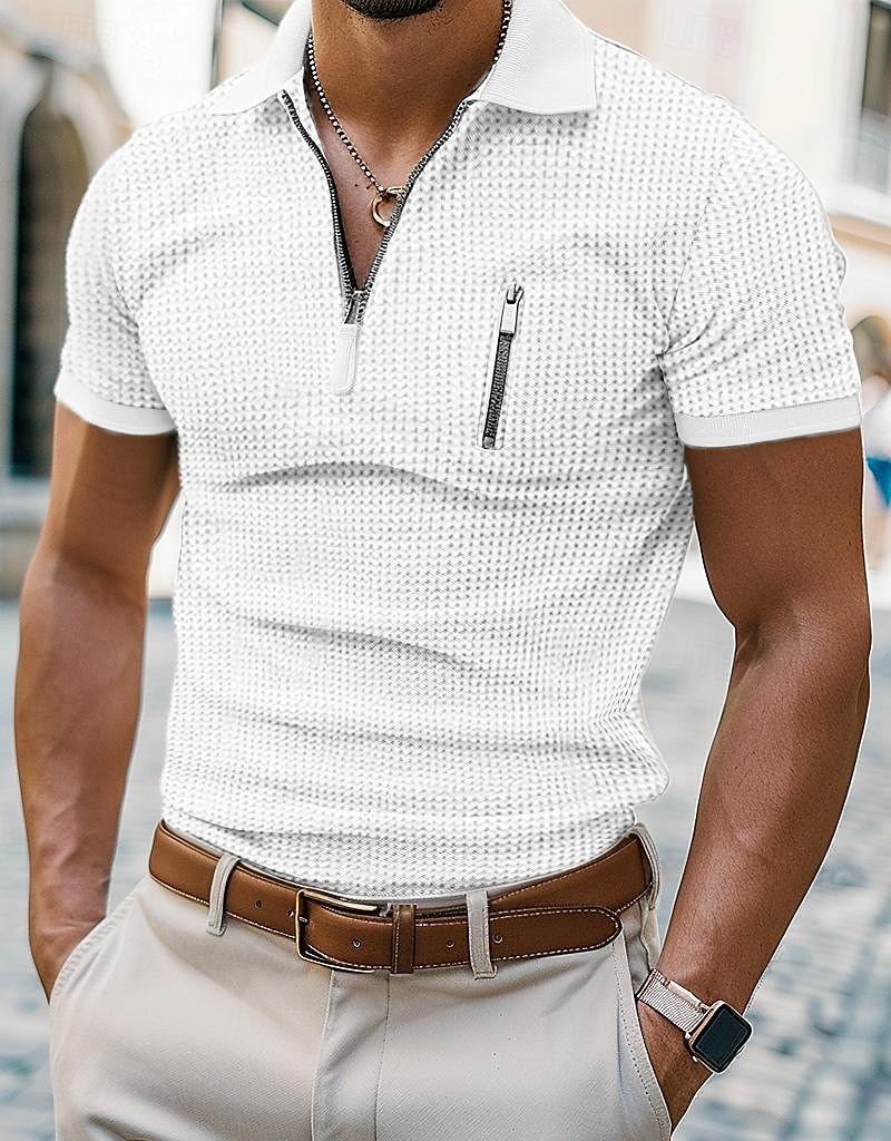 Men's Waffle Polo Shirt Zip Polo Casual Holiday Lapel Quarter Zip Short Sleeve Fashion Basic Plain Quarter Zip Summer Regular Fit White Yellow Navy Blue Green Waffle Polo Shirt