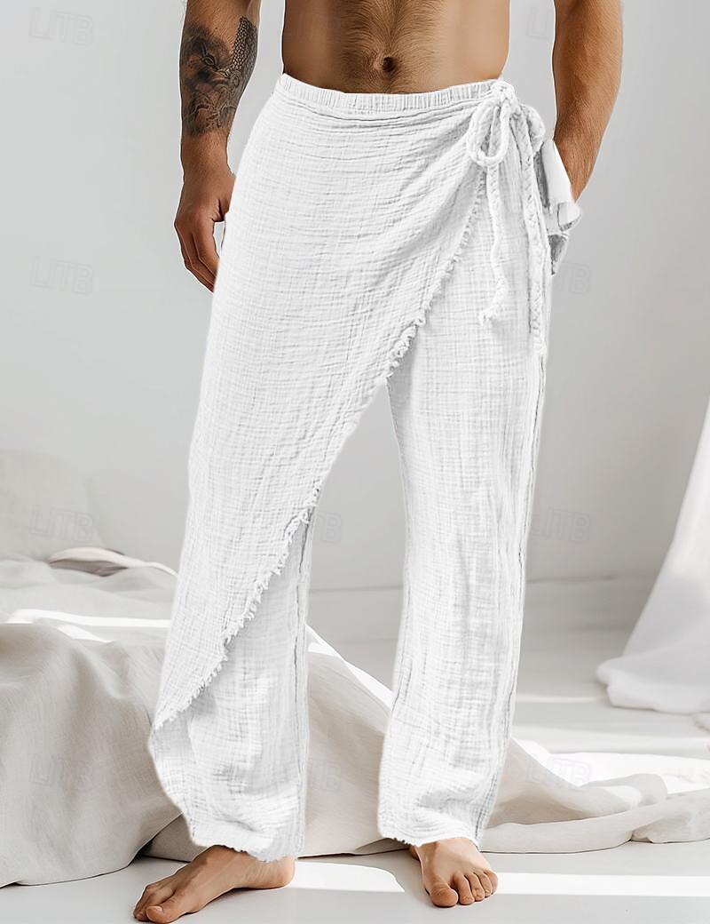 Men's Linen Pants Trousers Summer Pants Drawstring Elastic Waist Straight Leg Plain Comfort Breathable Full Length Casual Daily Holiday Fashion Classic Style White Brown