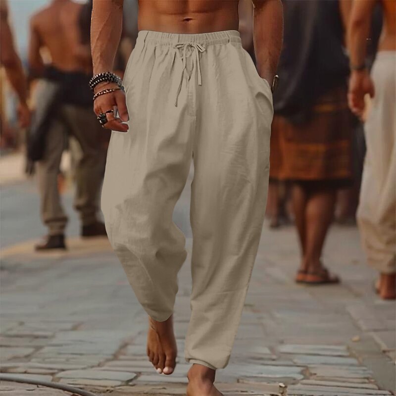 Men's Linen Pants Trousers Summer Pants Baggy Pants Beach Pants Drawstring Elastic Waist Wide Leg Plain Comfort Breathable Full Length Outdoor Casual Holiday Fashion Retro Vintage Black White