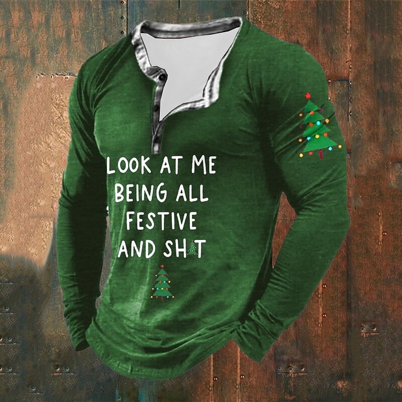 Men's Graphic Letter Christmas Tree Print Henley Shirt Christmas T shirt Long Sleeve Henley Shirt