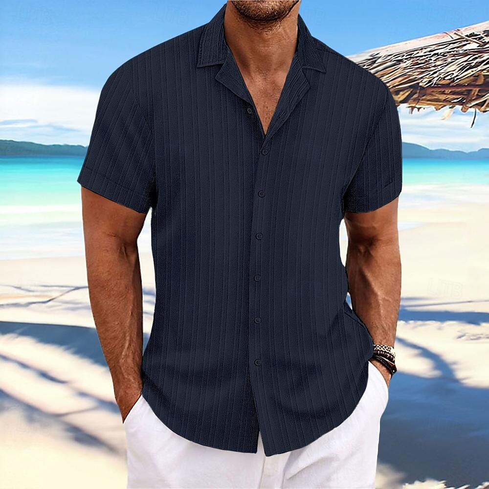 Men's Shirt Button Up Shirt Casual Shirt Summer Shirt Beach Shirt Black White Navy Blue Blue khaki Short Sleeve Stripes Lapel Daily Vacation Clothing Apparel Fashion Casual Comfortable