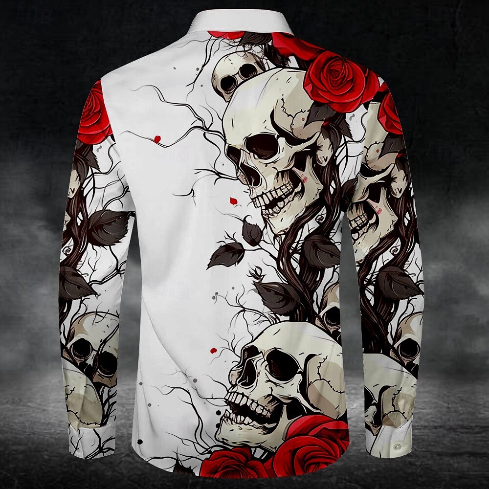 Rose Skull Casual Dark Men's Button Up Shirt Long Sleeve Party Evening Daily Fall Winter Spring & Summer Shirt Collar Button Up 3D Print Thin Black White Blue Purple Green Polyester