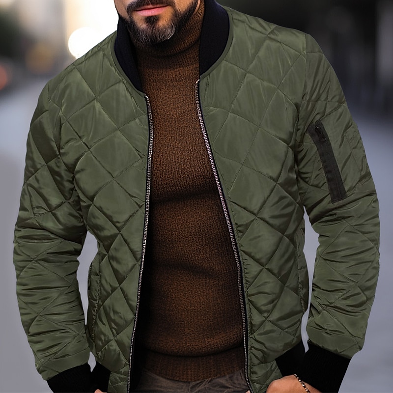 Men's Winter Jacket Quilted Jacket Outdoor Daily Wear Warm Pocket Fall Winter Plain Fashion Streetwear Standing Collar Regular Black Wine Blue Red & White Army Green Jacket