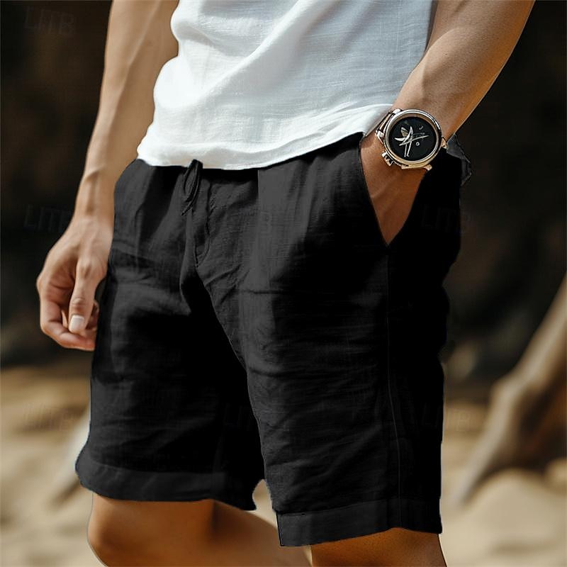 Men's Shorts Linen Shorts Summer Shorts Pocket Drawstring Elastic Waist Plain Comfort Breathable Short Casual Daily Holiday Linen Cotton Blend Fashion Classic Style Black White