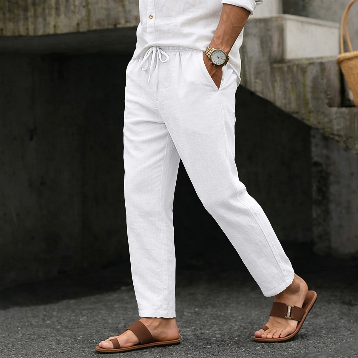 Men's Summer Pants Beach Pants Drawstring Pocket Elastic Waist Plain Comfort Breathable Full Length Daily Beach Vacation Vacation Hawaiian Blue Black Inelastic