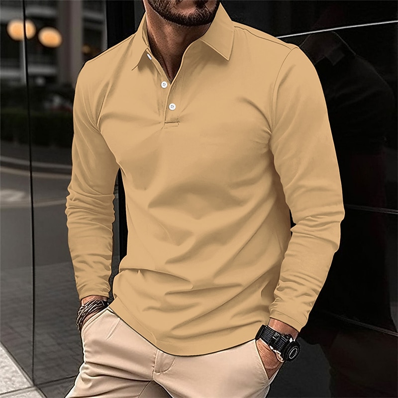 Men's Golf Shirt Golf Polo Work Casual Lapel Long Sleeve Basic Modern Plain Button Spring &  Fall Regular Fit Wine Black White Pink Navy Blue Green Golf Shirt