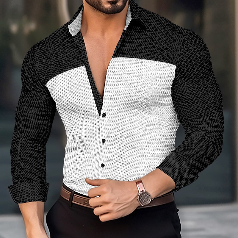 Men's Shirt Button Up Shirt Waffle Knit Shirt Long Sleeve Color Block Casual Shirt