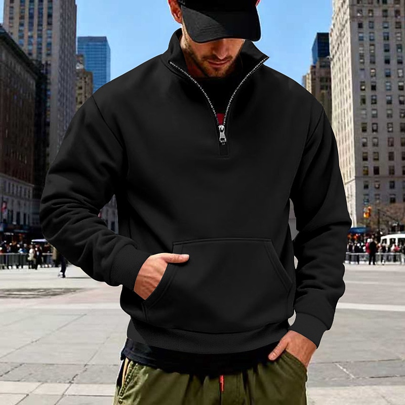 Men's Sweatshirt  Pullover Quarter Zip Sweatshirt Black White Army Green Navy Blue Camel Standing Collar Plain Kangaroo Pocket Sports & Outdoor Casual Daily Streetwear Cool Sportswear