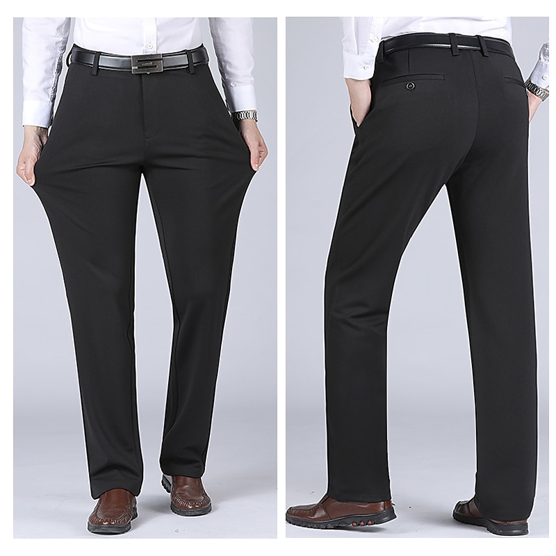 Men's Flat Front Straight Leg Geometry Stretch No-Iron Formal Business Classic Style Casual High Waist Stretchy Dress Pants