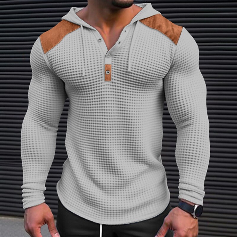 Men's Basic Waffle Henley Shirt Long Sleeve Top Color Block Hooded 