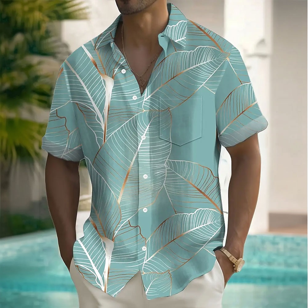 Men's Palm Leaf Tropical Plants Summer Hawaiian Shirt Button Up Shirt Short Sleeve Hawaiian Resort Vacation Holiday Beach Wear Summer Spring Turndown Collared Shirts Front One Pocket Pink Blue