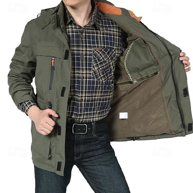 Men's Waterproof Rain Jacket Military Cargo Jacket Tactical Jacket Casual Hooded Cargo Sports Coat Windbreaker Outdoor Warm Windproof Winter Coat Jacket Top Hunting Fishing Army Green Softshell Jacket